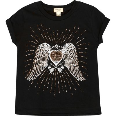 Mini girls black angel wings print T-shirt